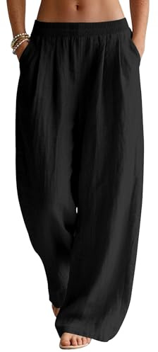 Rapbin Ladies Linen Trousers Wide Leg Elastic Waist Pants Black
