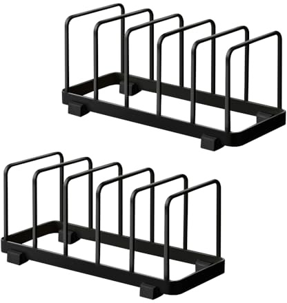 TIE-DailyNec 2 Pack Metal Plate Rack, Plate Holder for Cupboard, Kitchen Storage Rack, Pot Lid Holder, Multifunctional Dying Display Rack for Pad Pans Pots, Bakeware, Trays, Cutting Boards