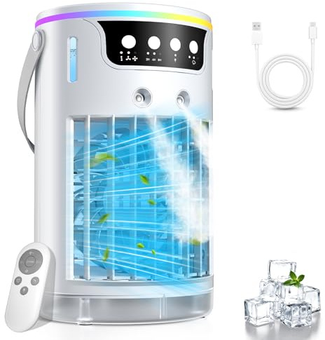 Portable Air Conditioner, USB 4 in 1 Small Air Conditioner with Ice Cooling Mist, For Bedroom Office Desk, 1200ML Mini Evaporative Air Coolers with 2-8H Timer, 3 Speeds, 7 Colors Night Light