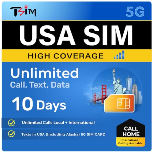 TSIM USA SIM-Karte 10 Tage mit Anrufen nach Hause | Hohe Netzabdeckung | Unbegrenzte Daten im AT&T-Netz | Unbegrenzte lokale + Internationale Anrufe/SMS in den USA (inkl. Alaska) 5G-SIM-Karte