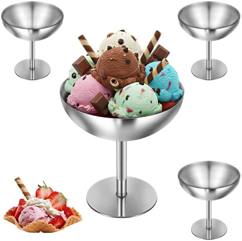 Ezweiji 4 Stück Eisbecher Edelstahl Set, Dessertgläser mit Standfuß | Eisbecher Set Bruchsicher Spülmaschinenfest Dessertschalen für Eis,Fruchtpudding,Salat Modernes Design für Zuhause