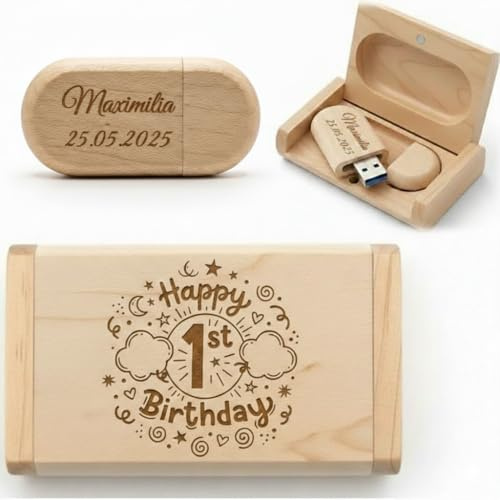 Personalisierter Holz USB Stick 3.0 mit Geschenkbox – Gravur mit Name & Datum – Happy Birthday – Geburtstagsgeschenk für Baby & Kind Mädchen Junge Fotoalbum Geschenk zum Geburtstag (Ahorn, 32, GB)