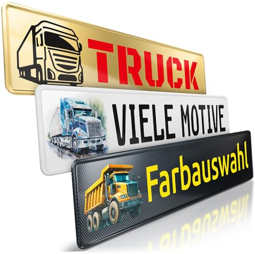 1 LKW Namensschild | Truck Kennzeichen | Wunschtext & Motiv | LKW-Schild | Trucker Funschild | Viele Farben | Aluminium Autoschild | Auto-Kennzeichen | 520 x 110 mm | Optional Löcher & Saugnäpfe