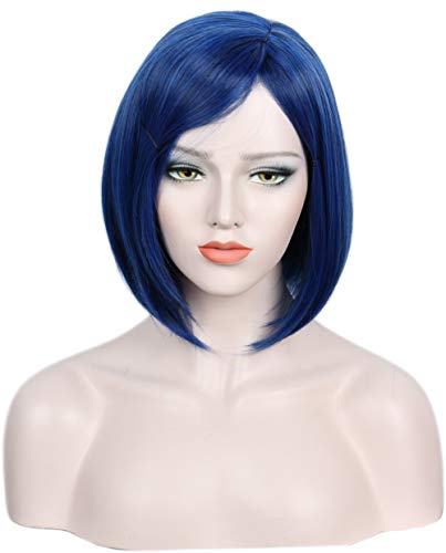 Linfairy Damen kurze blaue Perücke mit Pony Halloween Kostüm Cosplay Perücke
