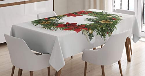 ABAKUHAUS Weihnachten Tischdecke, Poinsettia-Blüten, Pflegeleicht Waschbar Schmutzabweisend und mit Klaren Farben Hochwertiger Druck, 140 x 170 cm, Dunkelweiß Grün