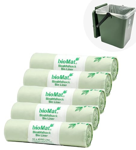 bioMat Sac Poubelle Compostable 60l, 50 sacs, Qualité Supérieure, Certifié DINplus, Fabriqué en Allemagne