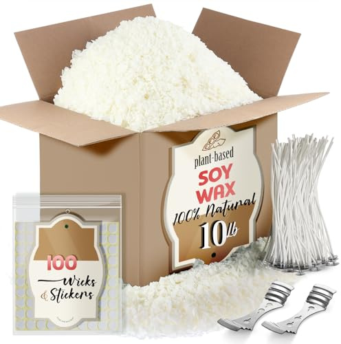 Etienne Alair Soja-Kerzenwachs für die Kerzenherstellung - Natürliches Sojawachs für die Kerzenherstellung 4,5 kg Beutel, Premium-Flocken, 100 Baumwolldochte, 100 Dochtaufkleber, & 2 Zentriergeräte