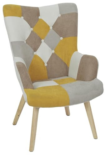 HOME DECO FACTORY, Fauteuil Style Scandinave pour Salon, Tissu Patchwork, Pieds Inclinés en Hévéa, Formes arrondies, Assise Moelleuse, Capitonné, Dossier Haut, Jaune, 68x99 x74 cm