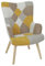 HOME DECO FACTORY, Fauteuil Style Scandinave pour Salon, Tissu Patchwork, Pieds Inclinés en Hévéa, Formes arrondies, Assise Moelleuse, Capitonné, Dossier Haut, Jaune, 68x99 x74 cm