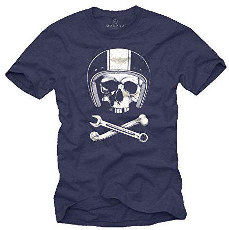 Maglietta per LA Meccanica - T-Shirt con Stampa Moto - Casco con Teschio Uomo Blu L
