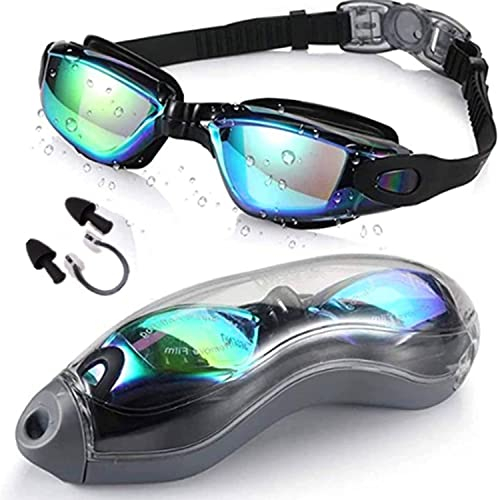 flintronic Lunettes de Natation, Lunettes de Piscine Aucune Fuite Protection UV Antibuée, Longueur Réglable Lunettes Natation avec Bouchons d'oreilles et Pince-nez pour Homme Femme Adultes - Noir