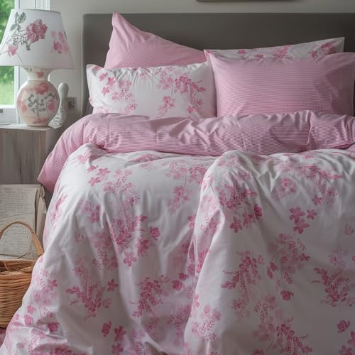 LERUUM Pink & White Bedding King Size Cotton Summer Duvet Cover Sets Pink Striped Floral Reversible Cute Quilt Bed Set (Pink King Size)