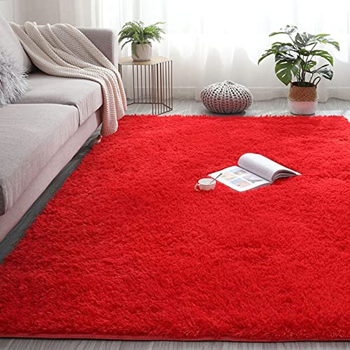 CHBIN Langflor 160x180cm Shaggy Teppich Super Weich Teppich Küchenteppich rutschfeste Unterseite Weiche für Wohnzimmer Kinderzimmer Schlafzimmer Flur Läufer, Rot