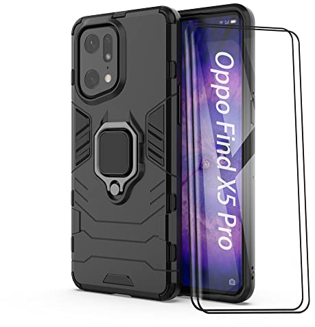 ESTH® Kompatibel mit Oppo Find X5 Pro 5G Hülle mit 2 Pack Panzerglas [Strapazierfähig] Ring Ständer Case [für Handyhalterung Auto Magnet] Militär Stoßfest Handyhülle, Schwarz