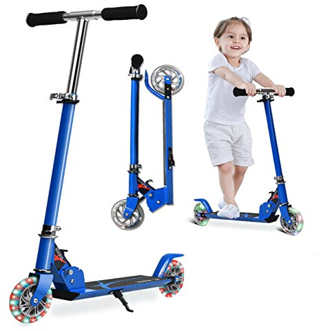 GYMAX Trottinette Enfants 3-7 Ans Pliable, 2 Roues Lumineuses, Hauteur Réglable à 3 Niveaux, avec Béquille, en Aluminium Léger Robuste, Charge Max 70 KG, Roulement Durable ABEC-7 (Bleu)
