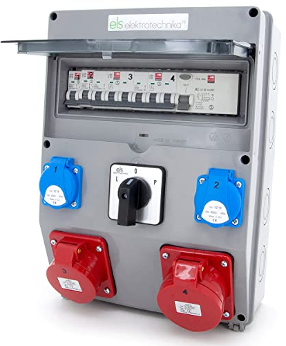 ELS Elektrotechnika Baustromverteiler Wandverteiler 2x230V Schuko + 2xLS-Schutzschalter, 1xCEE 16A + LS, 1xCEE 32A + LS, Fehlerstromschutzschalter FI 40/4/0.03A, Nockenschalter L-0-P, Anschlussfertig
