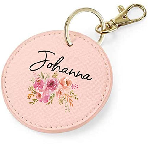 AWASG Schlüsselanhänger personalisiert mit Namen und Blumen | Taschenanhänger Accessoire rund mit Ring und Karabiner in gold | Geschenk Damen Kinder Mädchen(rosa)