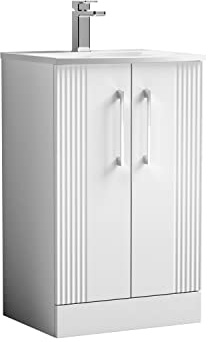 nuie DPF123G Deco Modern Bathroom Floor Standing 2 Door Part Fluted Vanity Basin Unit with Curved Ceramic Basin, 500mm, Satin White