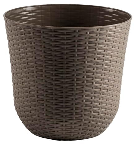 Acan Tradineur - Maceta Rattan Redondo de Plástico - Fabricado en España - Ideal para Plantas, hogar, jardín y terrazas - Ø 33 cm - Color Marrón Topo