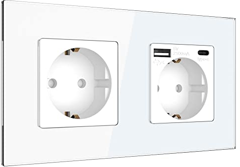 PULSAR Steckdose USB-C USB-A Schnell-Ladegerät Standard Schuko Steckdose 16A 2 Fach Unterputz mit USB Typ C, A Intelligente Erkennung Wandsteckdose Doppelsteckdose Quick Charge für Büro Zuhause