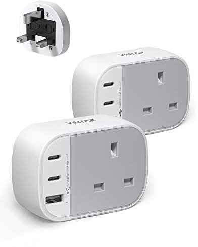 Plug Adapter with 2 USB C 1 USB A Ports, VINTAR USB Charger Plug UK, 1 Way Plug Extension Wall Charger Adapter, UK 3 Pin Power Socket for Home, Office, Bedroom, 13A 3250W, 2 Packs