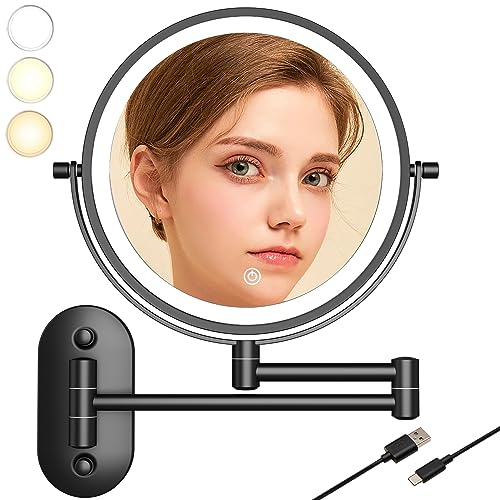 TUSHENGTU Miroir Grossissant Lumineux De 8 avec LED Grossissant Lumineux Mural X 10 pour Coiffeuse D'hôtel, Salle De Bain Et Rasage Rechargeable par USB,Miroir Mural Salle De Bain (noir-10X)