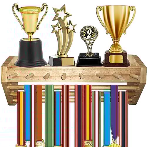 GAHEUNBB Medaillen- und Trophäenregal mit Haken, Holz-Medaillenhalter, Trophäen-Aufhänger, Wandmontage, Trophäen-Rennen, Metall-Aufhänger, Auszeichnung, Holzfarbe