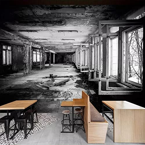 Benutzerdefinierte 3D-Foto Selbstklebende Tapete Kreativer Raum Schwarz Weiß Fabrikgebäude Graffiti Kunst Malerei Restaurant Café Dekor 200cm(W) x200cm(H)