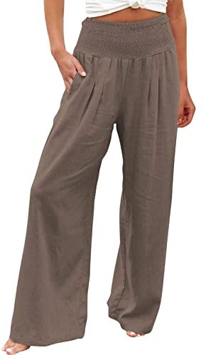 Susenstone Pantalon Femme Été Lin Pantalons Décontractée Taille Haute Pantacourt avec Bouton Léger Ample Longueur Fluide Droit Pants avec Poches Pas Cher Café