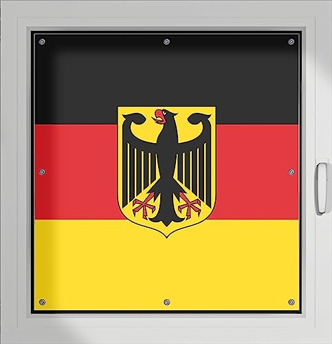 Wallario Lichtschutzbild, Dekorativer Sichtschutz Sonnenschutz 96 x 93 cm mit Motiv: Deutsche Flagge mit Wappen - Verdunklungsrollo ohne Bohren