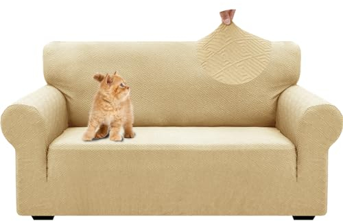 YSTELLAA Stretch Sofa Überzug 2 Sitzer, Sofaschoner rutschfest Mit Armlehne, Dicke Sofabezug Für Hunde Katzen Und Haustiere, Universal Jacquard Sofabezug, Waschbare Sofa Cover, Beige Gelb