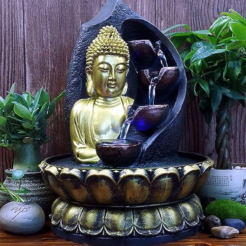 DECORN Fontana d'Acqua da Tavolo per Interni a 4 Livelli - Fontana da Tavolo Zen con Statua del Buddha d'oro - Fontana da Meditazione Rilassante per Casa, Ufficio, Scrivania, Decorazione,B