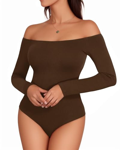 MANGOPOP Womens Off Shoulder Short Sleeve Long Sleeve Tops T Shirt Bodysuit Jumpsuit, Long Sleeve Coffee, Large