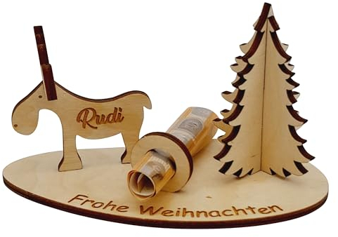 Geld-Geschenk Frohe Weihnachten personalisiert mit Wunschname Rentier Elch aus Holz