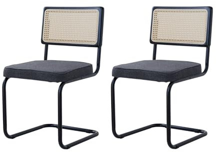 BenyLed Lot de 2 Chaises de Salle à Manger en Velours avec Pieds en Métal Chromé ; Chaises de Cuisine Modernes avec Dossier en Bois Massif de Rotin (Noir- Polaire)