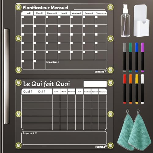 LVNRIDS 2 calendarios magnéticos mensuales, planificador semanal, borrable para nevera en francés, 42 x 30 cm, pizarra magnética de acrílico, calendario para nevera, tableros de planificación