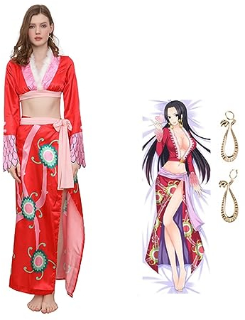 Generisch Erwachsene Boa Hancock Cosplay Kostüm Kimono Element Rot Cheongsam Halloween Dress Up Set,XL-Red