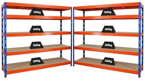 PROREGAL Mega Deal | 2X Profi Schwerlastregal Rhino | HxBxT 180x200x60cm | 5 Spanplatten-Ebenen 8mm | Fachlast 500kg | Blau-Orange | Garagenregal Lagerregal Steckregal Weitspannregal