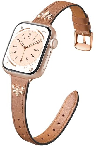 CeMiKa Bracelet Cuir Étroit Compatible avec Apple Watch 38mm 40mm 41mm, Fin avec Charme pour SE/iWatch Series 10 9 8 7 6 5 4 3, Femmes Hommes, Marron/Rose Abeille
