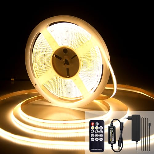luktix COB LED Streifen 10M, LED Streifen Warmweiss 3000K, 24V Lichtband Dimmbar, CRI92, 8mm Breite, mit Fernbedienung und Netzteil, für Home Dekoration, Küche, Spiegel