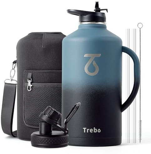 Trebo 128 oz Water Bottle Insulated with Handle, One Gallon Stainless Steel Metal Large Jug, Travel Flask with Straw Spout Lid, Mug Tumbler Cup with Carry Pouch, Keep Cold Hot, Indigo Black