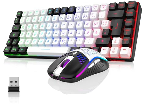 RedThunder 75% Kabelloses Gaming Tastatur und Maus Set, DE TKL Layout, 85 Tasten, Wiederaufladbar Kompakt, Ultraleicht 7200DPI-Maus mit Honeycomb Konstruktion für PC Mac PS5 Xbox Gamer (Weiß-Schwarz)