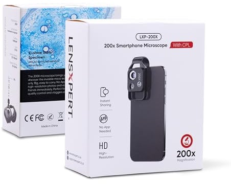 LensXpert® Smartphone Microscope with LED - Portable 200x Digital Microscope for Kids and Adults - Handheld Dermatoscope and Hair Analyzer - Compatible with iPhone and Android - Black