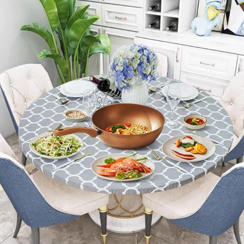 DIBALIYI Waterproof Round Tablecloth, 47in Elastic Edged Round Calibre Wipeable Table Cover, Reusable Plastic Oilcloth for Dinning Home Coffee Restaurant Party (Grey 120cm)