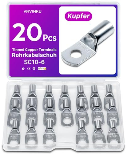 20 Stück Rohrkabelschuh 10mm2 M6 Kabelschuhe Set, ANVINKU Rohrkabelschuhe Set für Kfz Batteriekabel Set, Kabelschuh Sortiment, SC Rohrkabelschuh Set, 10mm² Kabelschuhe für Auto Motorräder Boote