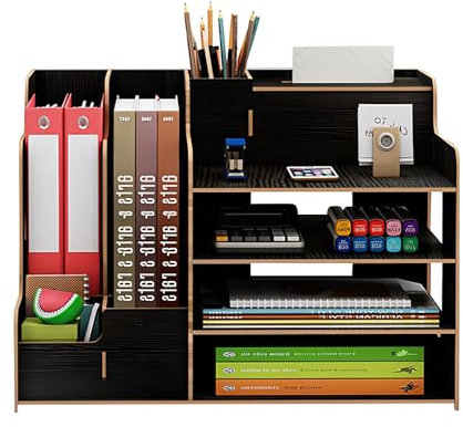 Ehuihuan Organisateur de Bureau Bois, Bureau Étagère de Stockage et Porte-Documents, Rangement Bureau Organisateur avec Boîte à Mouchoirs, DIY Compartiment de Rangement en Bois pour la Maison (Noir)