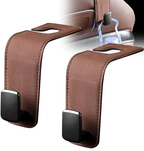 2 Stück Auto Kopfstützen Haken,Auto Lagerung Haken, Aufbewahrungshaken für Autositze, Kopfstützenhaken für Geldbörsen und Taschen, Autohaken aus Leder(Braun)