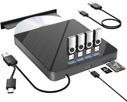 IQUQIXL 7 in1 External CD DVD Drive, 4 USB Ports and TF/SD Card Slots USB 3.0 Portable CD/DVD Disk Drive Player Burner Reader Writer for Laptop MacBook PC Windows 11/10/8/7 Linux OS