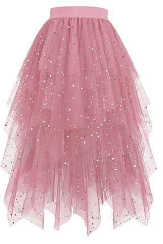Hanpceirs Damen Tüll Röcke High Low Layered Puffy Fee Röcke A-Linie Midi Rock Unregelmäßiger Tutu Rock Rosa Pailletten L