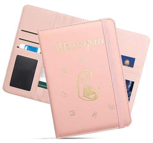 Mutterpass Schutzhülle, Mutterpasshülle aus Kunstleder, Deutscher Mutterpass, Mutterkindpasshülle mit 9 Fächern für Ultraschallbild, Versichertenkarte, Impfpass, Schwangerschaft Verkünden, Rosa